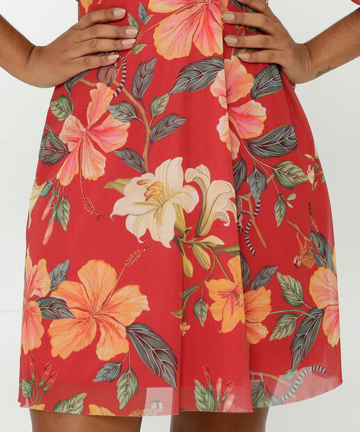 Vestido Feminino Tule Floral Manga Bufante 3/4 Marisa