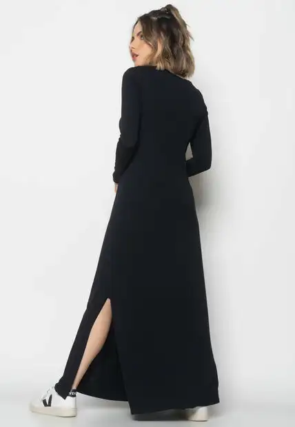 Vestido Longo Manga Longa Malha  Fashion Preto