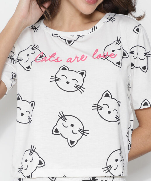 Pijama Feminino Gato Manga Curta Marisa