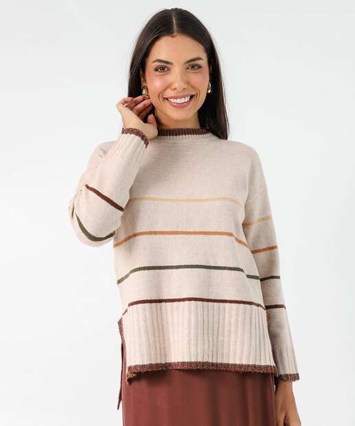 Image_Suéter Feminino Chenille Listrado Brilho Lurex Marisa Bege