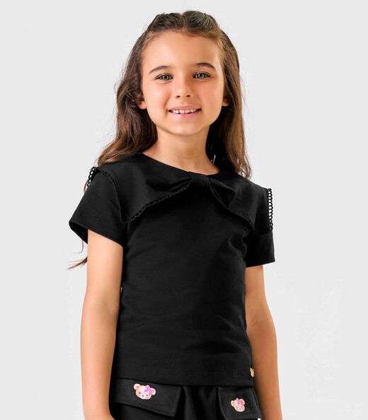 Blusa Manga Curta Cotton Decote Laço Trick Nick Preto