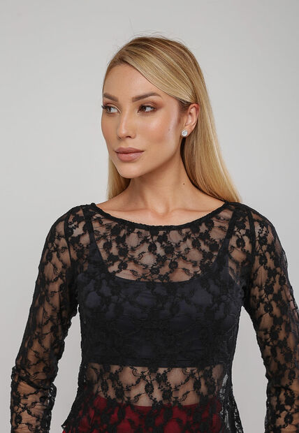 Blusa De Renda Assim?trica Manga Longa Preto Salvatore