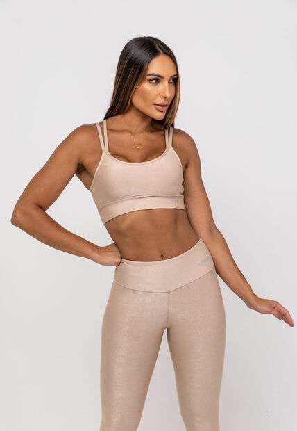 Calça Legging Suplex Canelada Brilho Básica Bege Salvatore Fashion