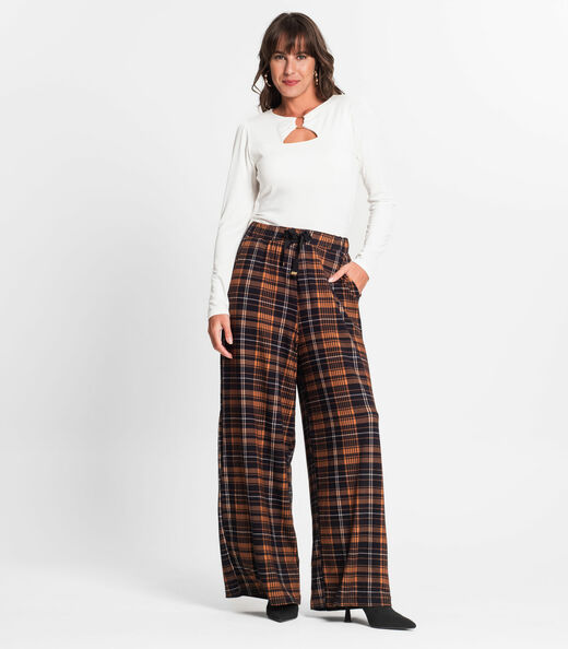 Calça Xadrez Feminina Pantalona Endless Marrom