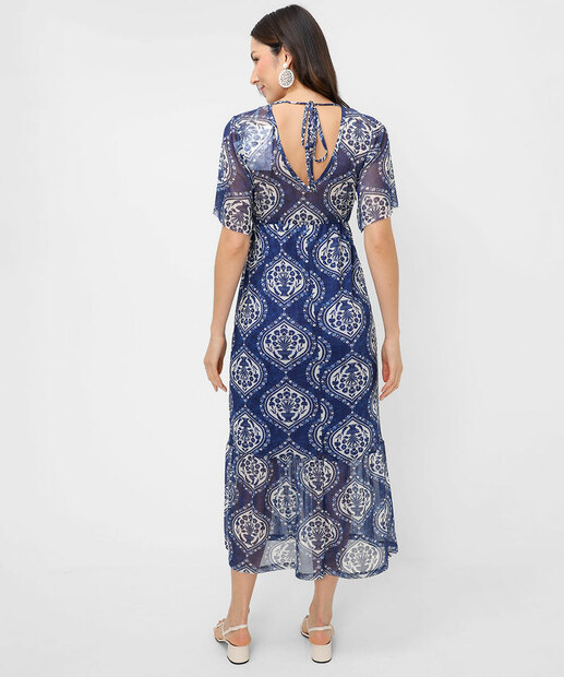 Vestido Midi Feminino Estampado Tule Marisa Azul