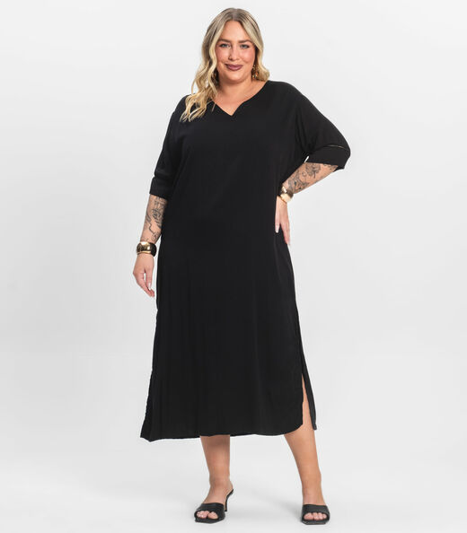 Vestido Manga Curta em Viscose Secret Glam Preto