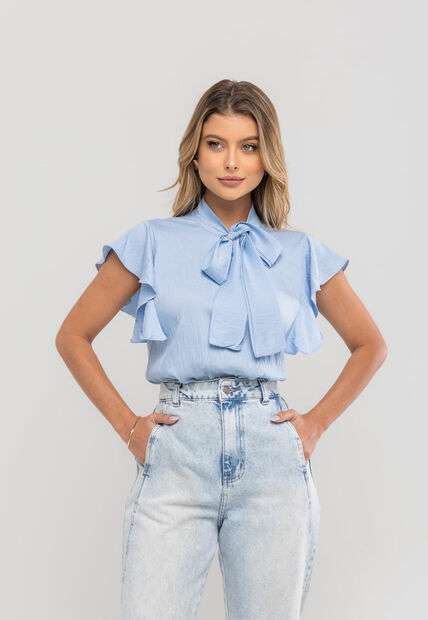 Blusa Feminina Com Laço na Gola e Manga Babado Azul Salvatore