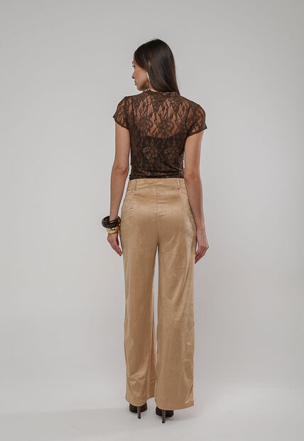 Calça Suede Wide Leg Com Recorte Bege Salvatore