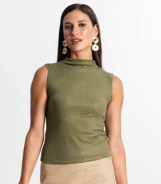 Regata Feminina Em Ribana Canelada Lurex Rovitex Verde