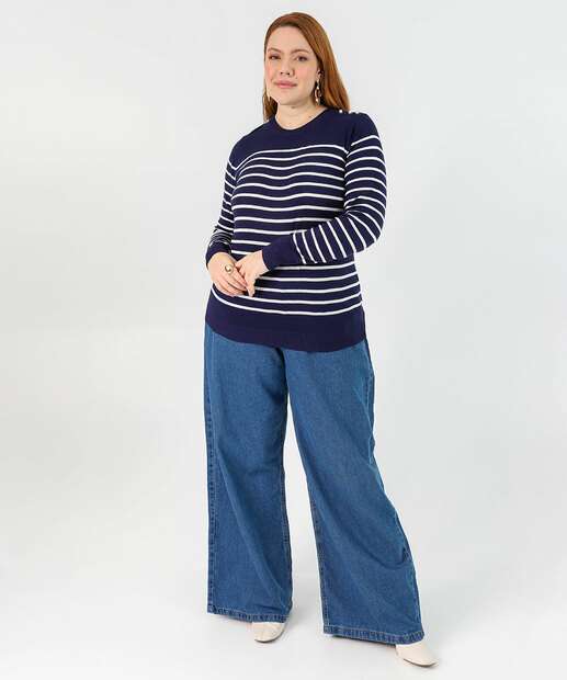 Suéter Plus Size Feminino Tricô Listrado Pérolas Marisa Azul