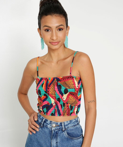 Blusa Cropped Feminina Lastex Estampa Tropical Marisa