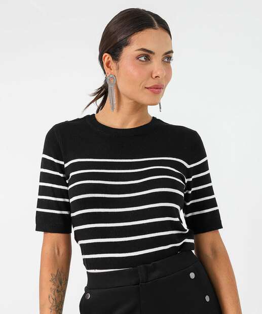 Image_Blusa Feminina Tricô Listrada Manga Curta Marisa Preto