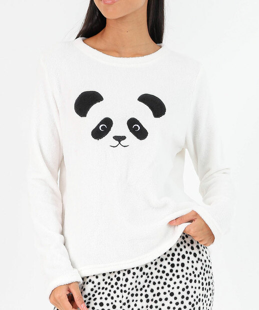 Pijama Feminino Plush Estampa Panda Marisa Off White