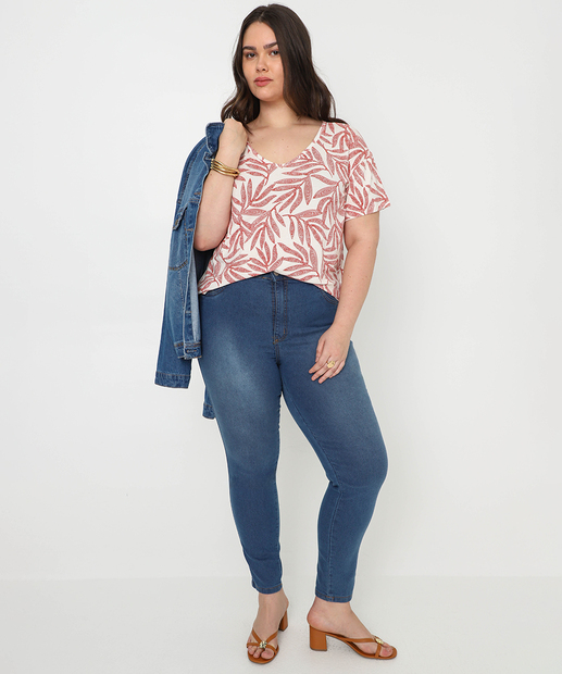 Blusa Plus Size Feminina Estampa Folhas Marisa Branco