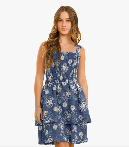 Vestido Feminino Bordado De Alça Minty Azul