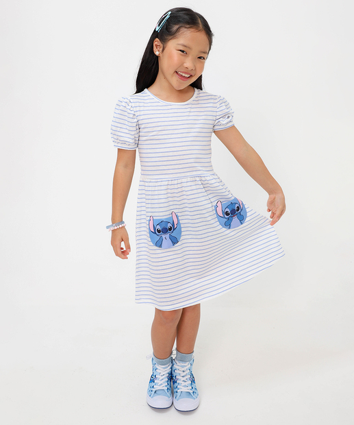 Vestido Infantil Stitch Bolsos Disney Tam 4 a 10 Off White