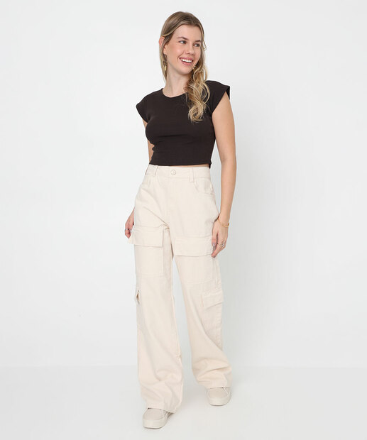 Image_Calça Feminina Sarja Wide Leg Cargo Sawary Bege