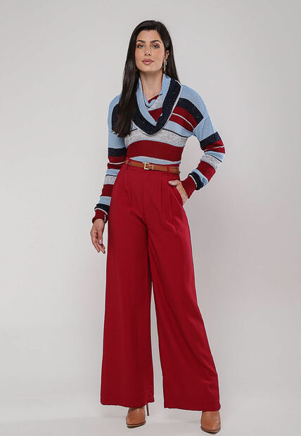 Blusa de Tricot Boton? Listrada com Gola Ampla Vermelho e Azul Salvatore