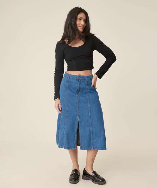 Saia Midi Jeans Feminina Fenda Evasê 