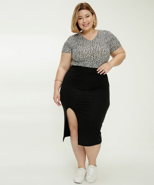 Saia Plus Size Midi Feminina Canelada Fenda Marisa
