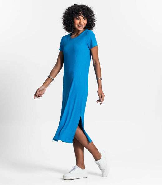 Vestido Midi Ribana Canelada Básico Rovitex Azul