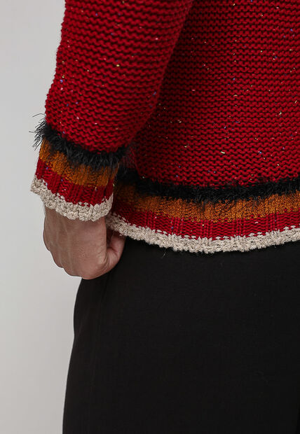 Blusa de Tricot com Fio Boton? Gola Listra Vermelho Salvatore