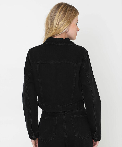 Jaqueta Feminina Jeans Bolsos Tachas Preto