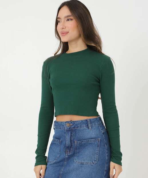 Blusa Feminina Canelada Gola Alta Manga Longa Marisa