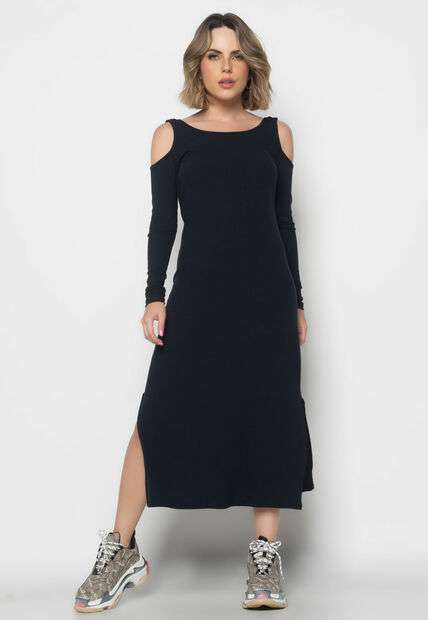 Image_Vestido Midi Ombro Vazado Manga Longa Canelado  Fashion Preto
