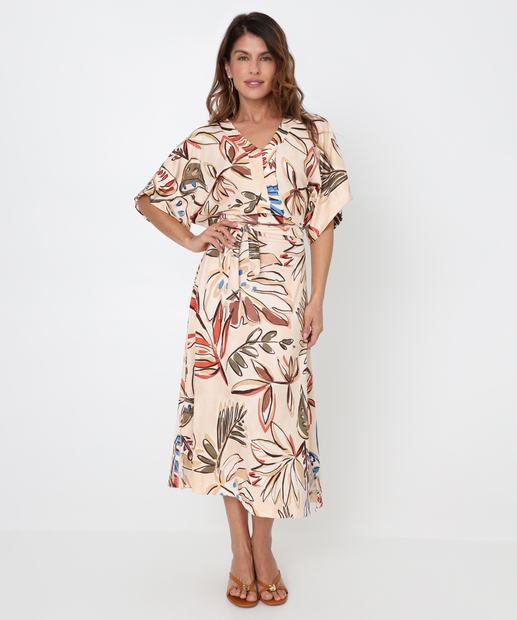 Vestido Midi Feminino Estampado Manga Morcego Marisa Bege