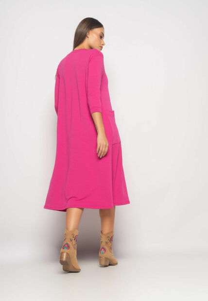 Vestido Midi Com Bolsos E Manga 7/8 Moletinho Rosa Salvatore