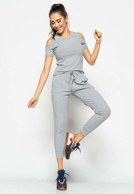 Conjunto  Comfy Com Blusa Ombro Vazado e Jogger Canelada Mescla Salvatore Fashio