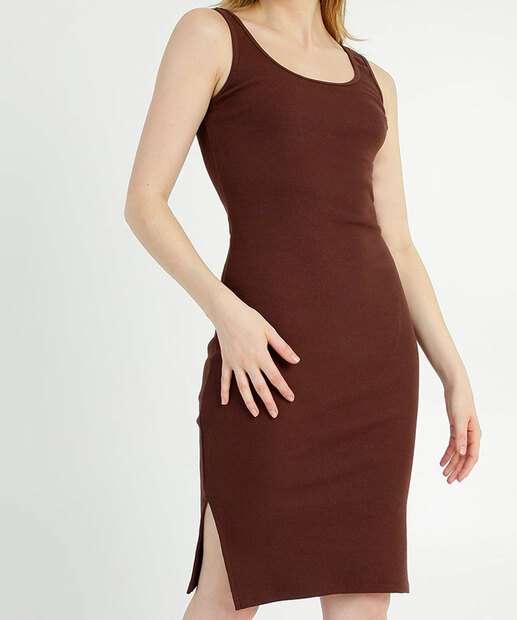 Vestido Midi Feminino Canelado Fenda Alças Largas Marisa