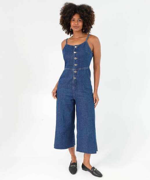 Macacão Feminino Pantacourt Jeans Alças Finas Marisa Azul