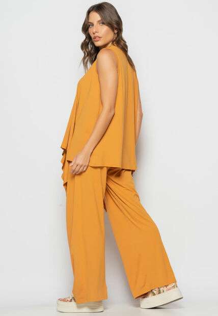 Conjunto Com Kimono, Regata e Wide Leg Malha Caramelo Salvatore