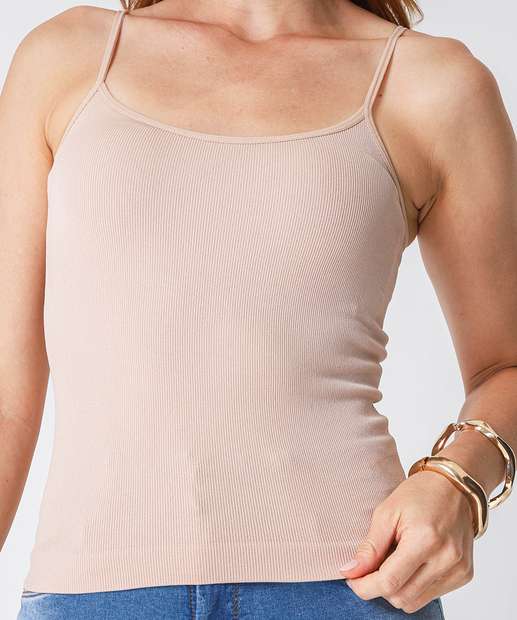 Blusa Regata Feminina Canelada Sem Costura Marisa Bege