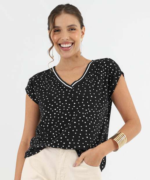 Image_Blusa Feminina Estampa Poá Manga Curta Marisa Preto
