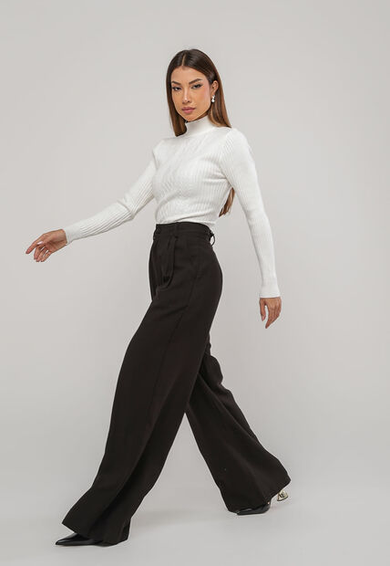 Blusa de Tricot Modal com Gola Alta e Manga Canelada Branco Salvatore