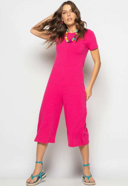 Macacão Pantacourt Manga Curta Costas Em V Canelado Rosa Salvatore