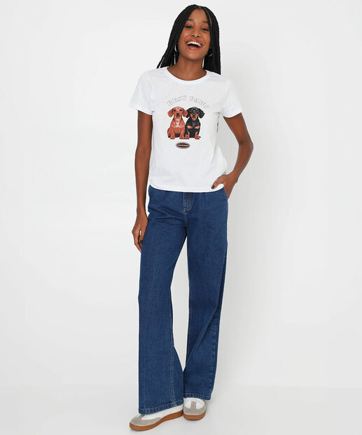 Camiseta Feminina Cachorros Manga Curta Marisa Branco