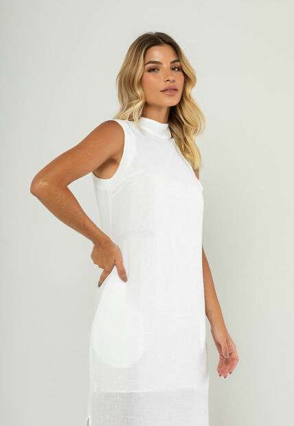 Vestido Longo Gola Alta E Fenda Lateral Branco Salvatore