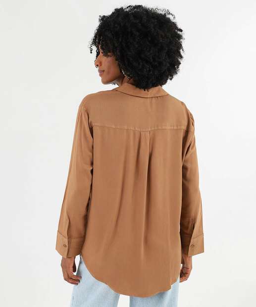 Camisa Feminina Manga Longa Bolsos Marisa Marrom