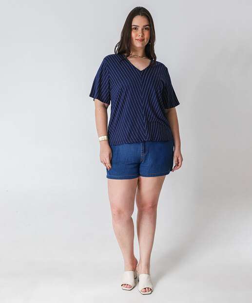 Blusa Plus Size Feminina Listrada Manga Curta Marisa Azul