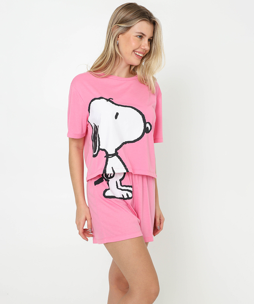 Image_Pijama Feminino Manga Curta Estampa Snoopy Rosa