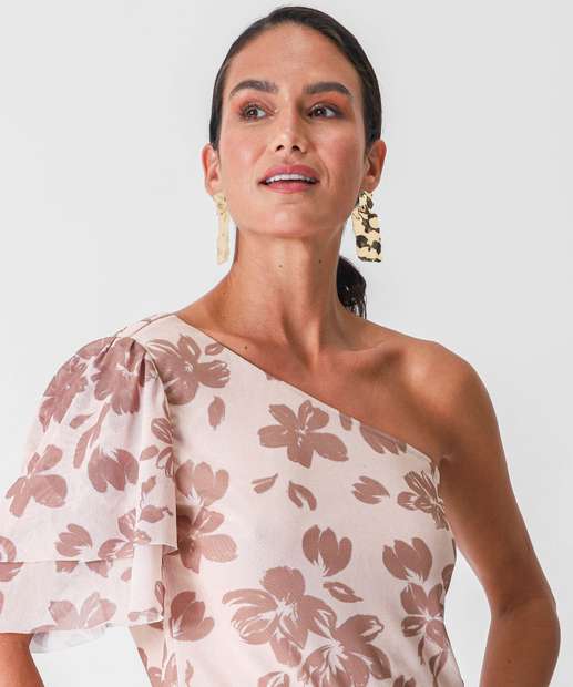 Blusa Feminina Ombro Só Tule Flores Marisa Bege