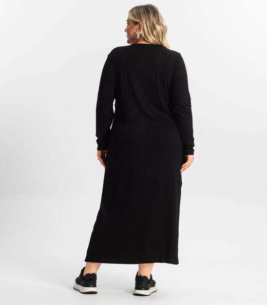 Vestido Midi Plus Size Manga Longa Secret Glam Preto