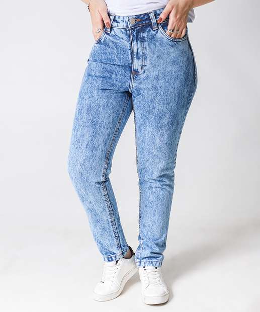 Calça Mom Jeans Cintura Alta Bolsos 