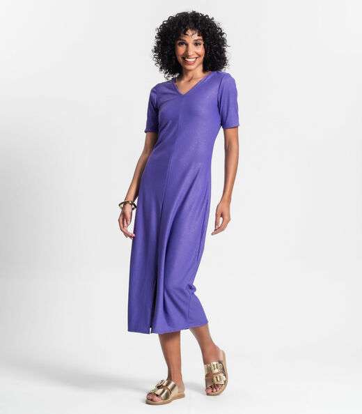 Vestido Midi Ribana Canelada Lurex Rovitex Roxo