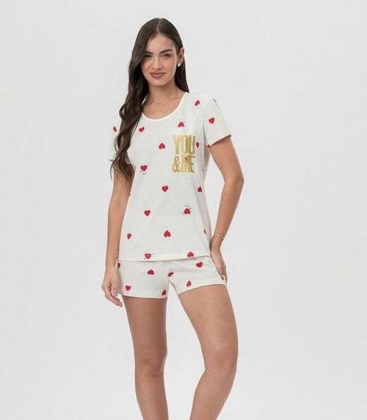 Short Doll Estampado Corações Mensageira Da Paz Branco