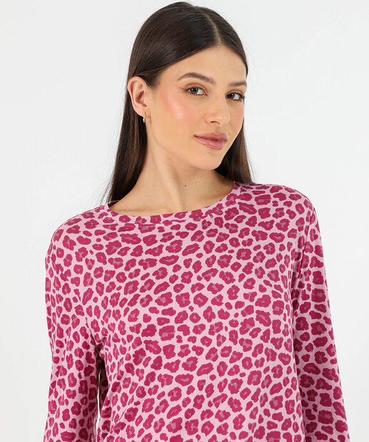 Pijama Feminino Animal Print Manga Longa Marisa Rosa